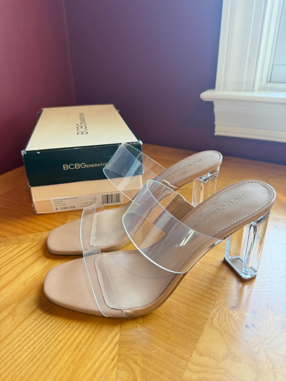 BCBGeneration Georgie Nude Clear PVC Block Heel Mules 8.5 M